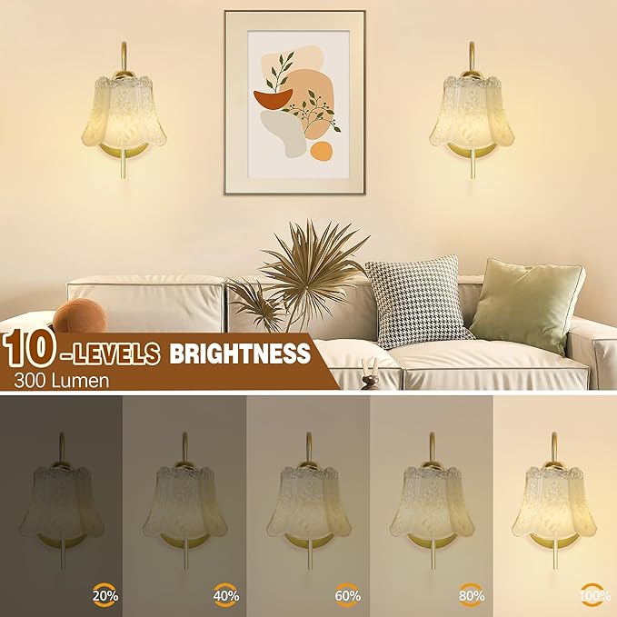 Wireless Wall Sconce with Flower lampshade, Battery Operated Wall Lights,Wall lamp with 15 Colors for Bedroom Living Room Home Decor (White Flower, 2 Light Battery Operated)
