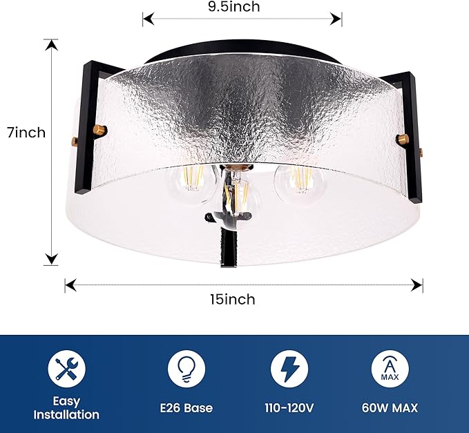 Modern Black Semi Flush Mount Ceiling Light Fixture, 3-Light Glass Ceiling Mount Light Fixtures, Kitchen Island Lighting Fixtures Ceiling Lights for Foyer Entryway Bedroom Laundry Room Hallway