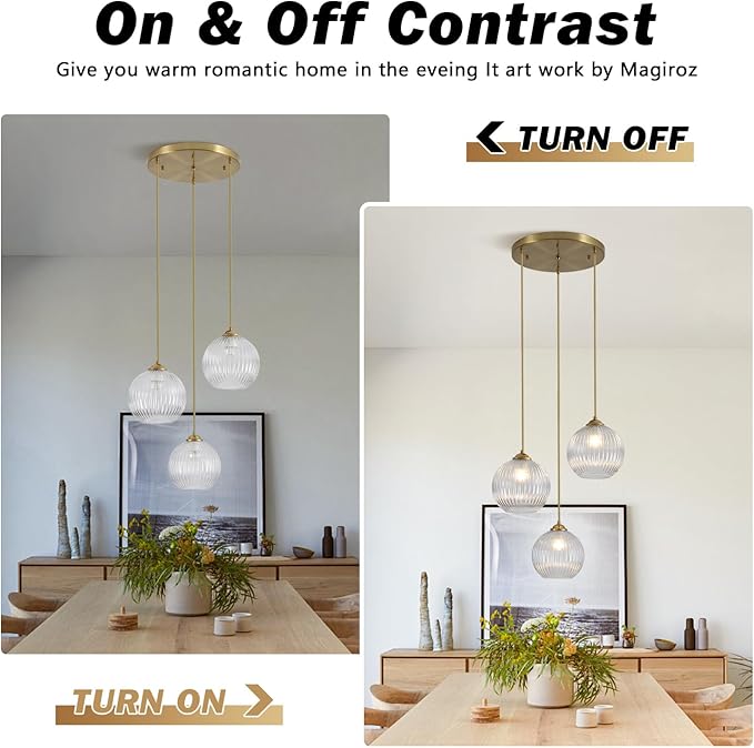 3-Light Pendant Light Fixtures Brushed Gold Kitchen Island Lighting Modern Clear Glass Cluster Pendant Lights Chandelier Adjustable Cord Antique Brass Hanging Light for Dining Room MPL30-3B