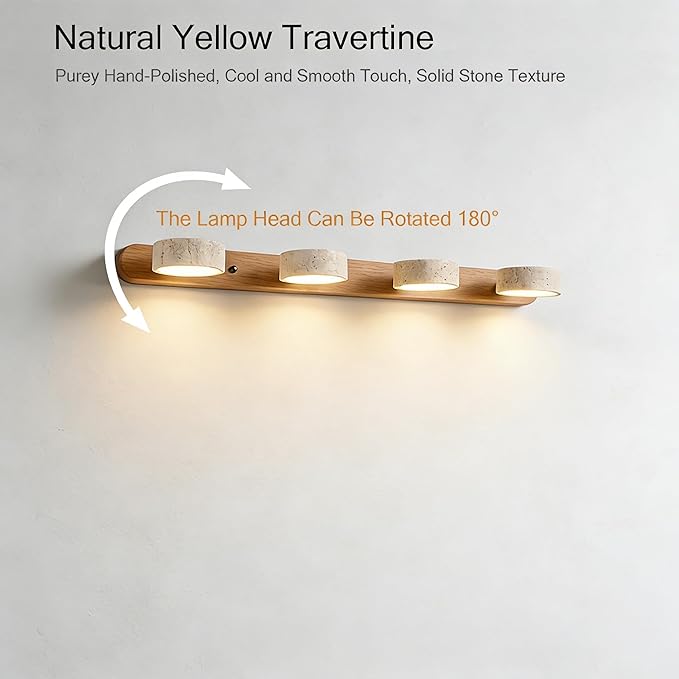 LED Bathroom Vanity Light, Travertine Stone Light Fixture, 360° Rotatable Stone Lampshades, Modern Rustic Wall Lamp for Bedroom, Living Room, Hallway (Natural Wood-4 Heads)
