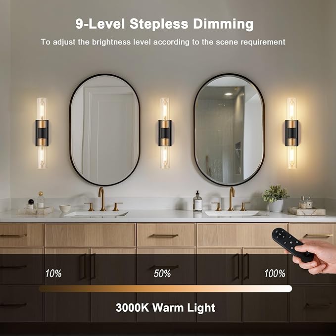 Battery Operated Wall Sconce Set of 2 with Remote Control, 12000mAh Rechargeable Wall Lights, Wireless Dimmable Wall Lamps for Bedroom Living Room Bathroom Hallway Entryway Stairwell, Black & Gold