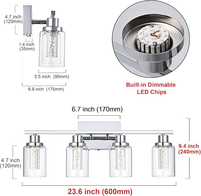 MELUCEE 5 Color Dimmable LED Bathroom Light Fixtures 4 Light Chrome Vanity Lights Bathroom Lights Over Mirror Wall Light Fixtures with Crystal Bubble Clear Glass Shade, Built-in LED Chips