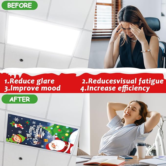 8 Pcs Fluorescent Light Covers with 80 Magnets Decorative for Classroom Ceiling Light 4x2 Feet Magnetic Filter Easy Install for Office Hospitals & Home Drop Ceiling Supplies(Christmas Santa Claus)