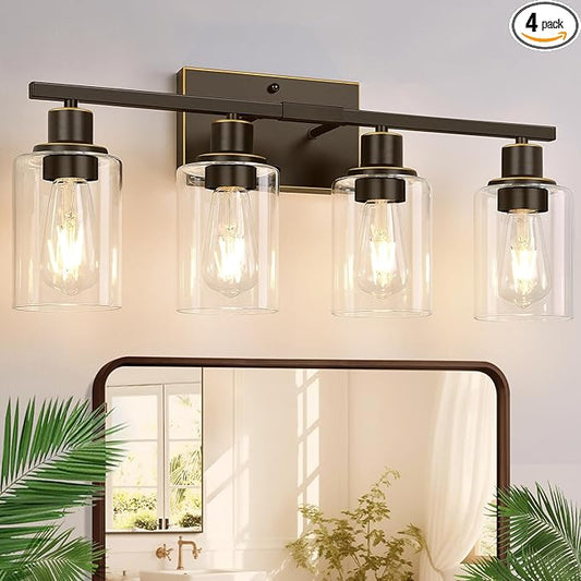 Indoi 4 Light Bathroom Light Fixtures, Oil-Rubbed Bronze Modern Vanity Lights with Clear Glass Shades, Bathroom Wall Lamp for Mirror Living Room Cabinet