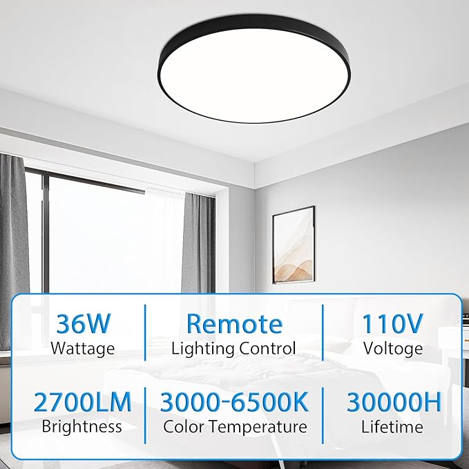 19.7 Inch Round LED Ceiling Light Fixture, 36W Dimmable Flush Mount Ceiling Lights with Remote, Modern Black Ceiling Light Fixture for Bedroom, Kitchen