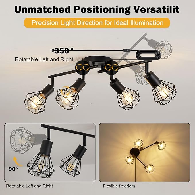 4 Light Plug in Track Light Adjustable Kitchen Track Lighting Fixture Ceiling 19.6tf Long Cord with On/Off Switch Flexible Black Farmhouse Track Lighting