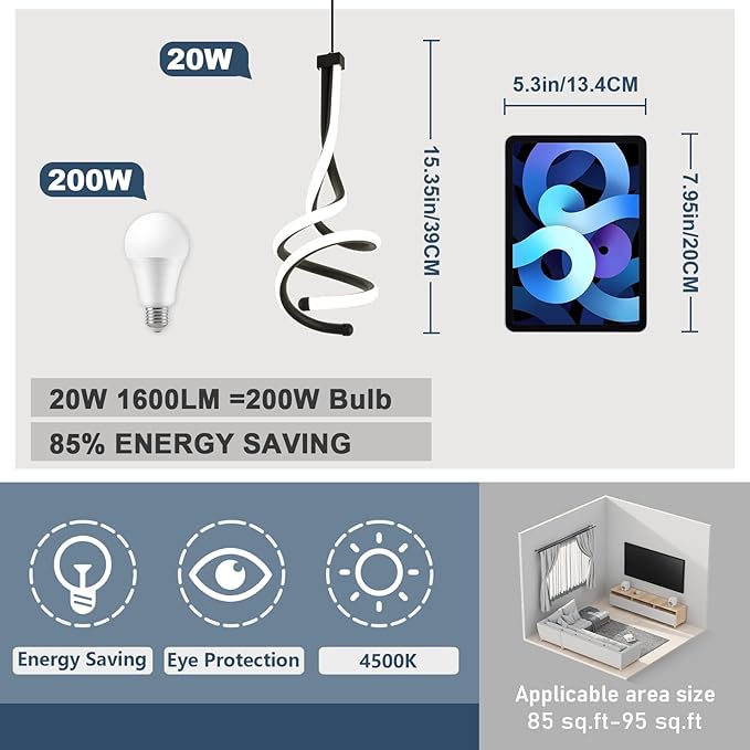 EIDISUNY Modern Pendant Light, Spiral LED Pendant Light Fixture, 4500K LED Hanging Lamp, Black Chandelier Lights Fixture, 20W Adjustable for Kitchen Island, Dining Room, Bedroom,3 Pack