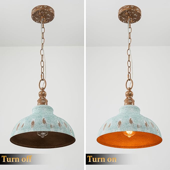 Kitchen Island Pendant Light, 11.3” Golden Pendant Lighting, Teal Farmhouse Pendant Light Fixture for Dining Room, Bar, Hallway, Foyer, Entryway, Bedroom, Adjustable Chain