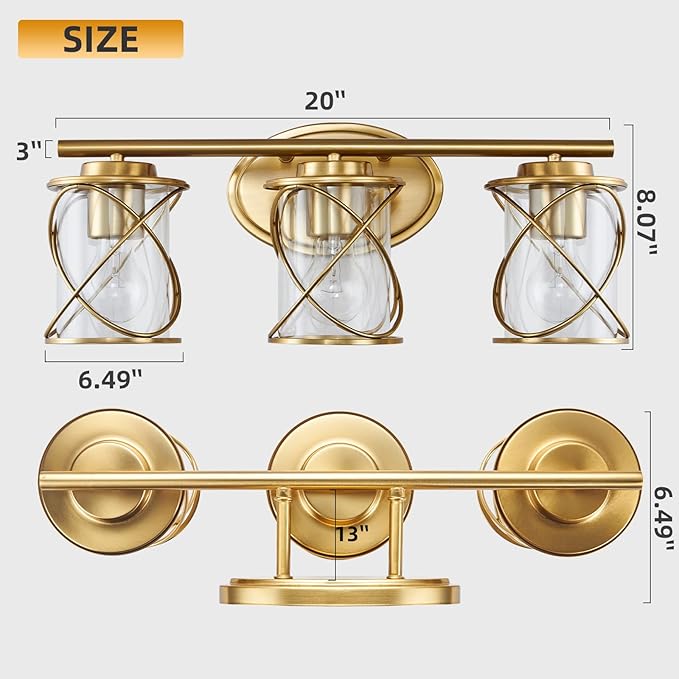 Mavcadonf Modern Vanity Lights with Cage Shade - 3 Lights, Brushed Gold, Over Mirror, for Bathroom & Kitchen
