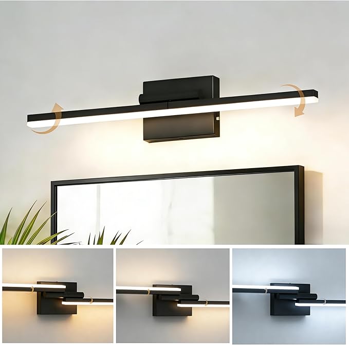 L LOHAS LED 23.7-Inch Bathroom Vanity Light Bar Over Mirror, 180° Rotatable Black Modern Bathroom Light Fixtures, 3CCT Adjustable LED Vanity Lights for Living Room Wall