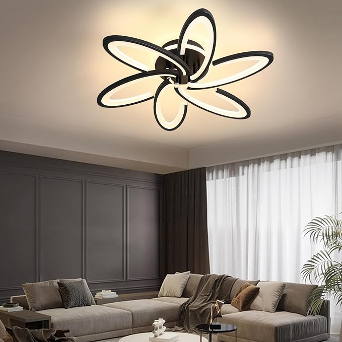 Modern LED Ceiling Light, 6+1 Rings 93W Dimmable Ceiling Light Fixtures 29.5" 3000K-6500K Flush Mount Black Flower Ceiling Lamp with Remote for Living Room,Bedroom,Kitchen