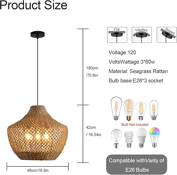 18.9" Rattan Pendant Light Fixtures,Boho Rattan Pendant Light 3-Light Hand Woven Seagrass Chandelier for Workplace Occasions Restaurants Dining Living Bedroom Kitchen Farmhouse