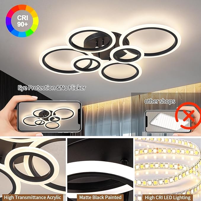 Shine LUEST 6 Rings Black Modern LED Ceiling Light Fixture, Flush Mount Ceiling Light with Remote Dimmable Brightness, Adjustable 3000-6000K Color Temperature, Timer for Living Room, Bedroom