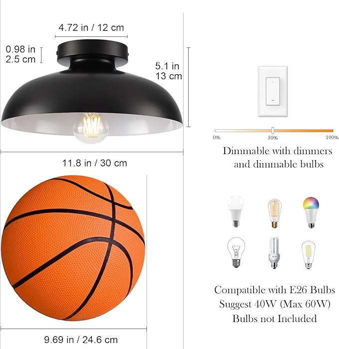 Black Semi Flush Mount Ceiling Lights, Industrial Ceiling Light 12 Inch Close to Ceiling Light Fixtures for Bedroom Entryway Kitchen Hallway Porch Foyer Bathroom Laundry Barn