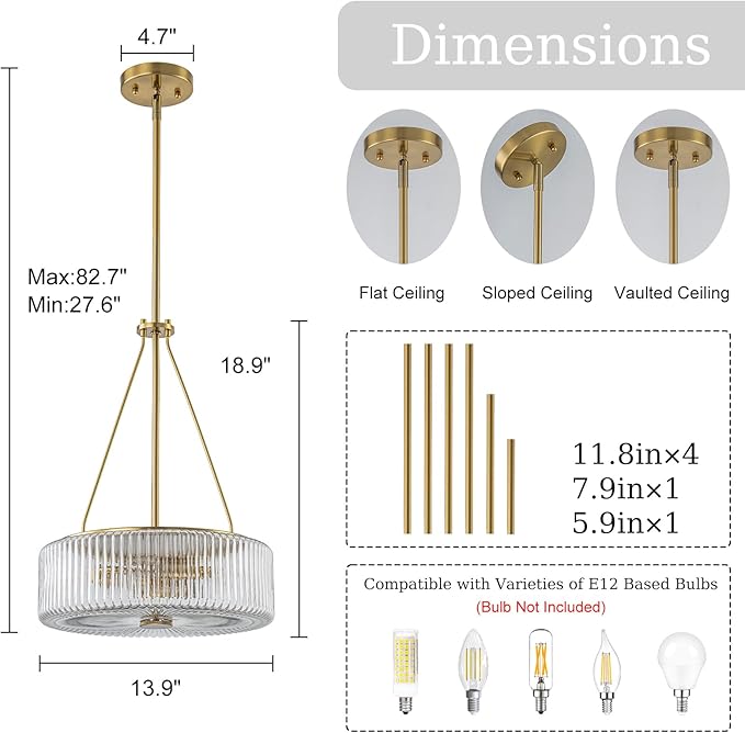 13.9 inch Gold Pendant Lights Kitchen Island,Mid-Century Modern Chandelier with Clear Striped Glass Shades,3-Light Round Dining Room Light Fixture for Living Room,Bedroom,Kitchen,Hallway,Bathroom