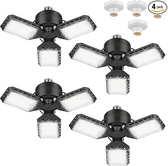 4 Pack Led Garage Lights, 60W Deformable Garage Ceiling Light 8000 lm E26 Basement Lights with 3 Adjustable Led Panels, Fits for Warehouse, Workshop, Barn, and Yard