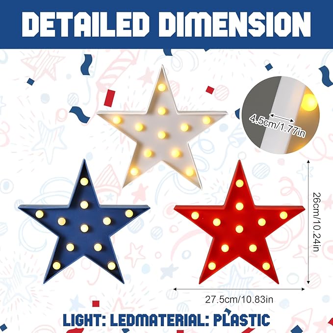 Tujoe 3 Pcs 4th of July Star Shaped Lights LED Independence Day Signs Red White and Blue Patriotic Star Centerpieces for Tables Indoor Outdoor 250th Independence Day Party Decorations(Smooth)