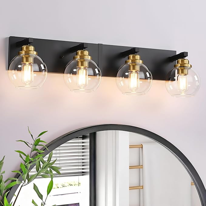 4-Light Bathroom Vanity Light Fixture Over Mirror, Bathroom Light Fixutre Matte Black & Gold Finish with Globle Clear Glass E26 Base Bulbs Not Included for Bathroom, Hallway, Bedroom, Living room