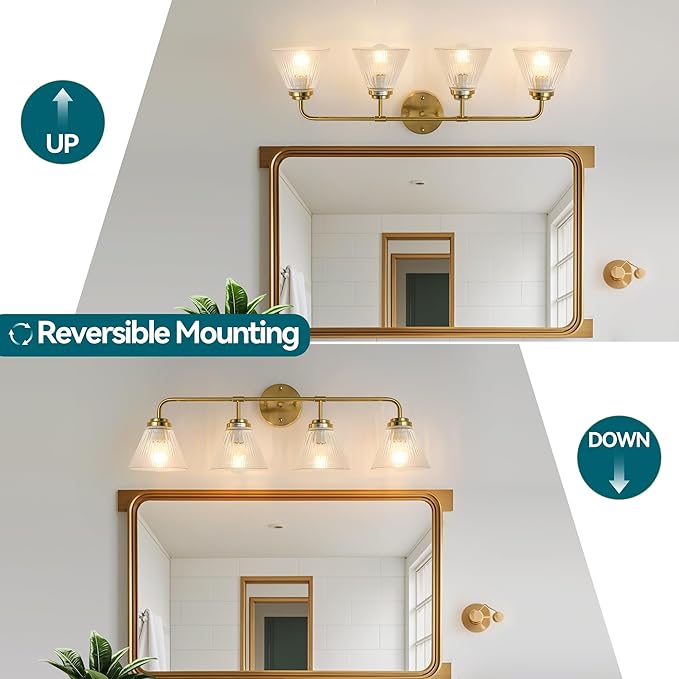 Modern Bronze Bathroom Vanity Light, 4-Light Wall Sconce with Clear Ribbed Glass Shades, Farmhouse Industrial Light Fixture for Bathroom, Vanity Mirror, Powder Room, Hallway (bronze, Eletroplate, 4)