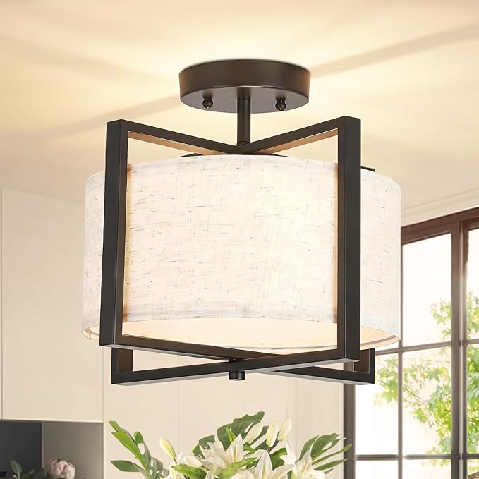 Fabric Ceiling Light Fixture 2 Lights Boho Flush Mount Ceiling Lights Hand-Woven Rattan Drum Chandelier Farmhouse Light Fixture for Bedroom Entryway Hallway