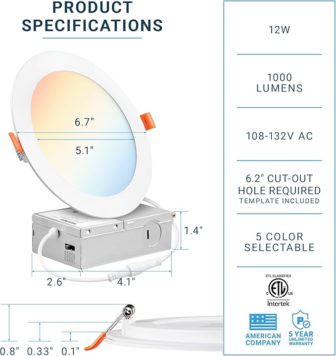 PARMIDA (12 Pack) 6 Inch Dimmable 5CCT Ultra-Thin LED Recessed Ceiling Light with Junction Box, 5 Color Selectable 2700K/3000K/3500K/4000K/5000K, 12W, Canless Wafer Slim Panel Downlight, IC Rated, ETL