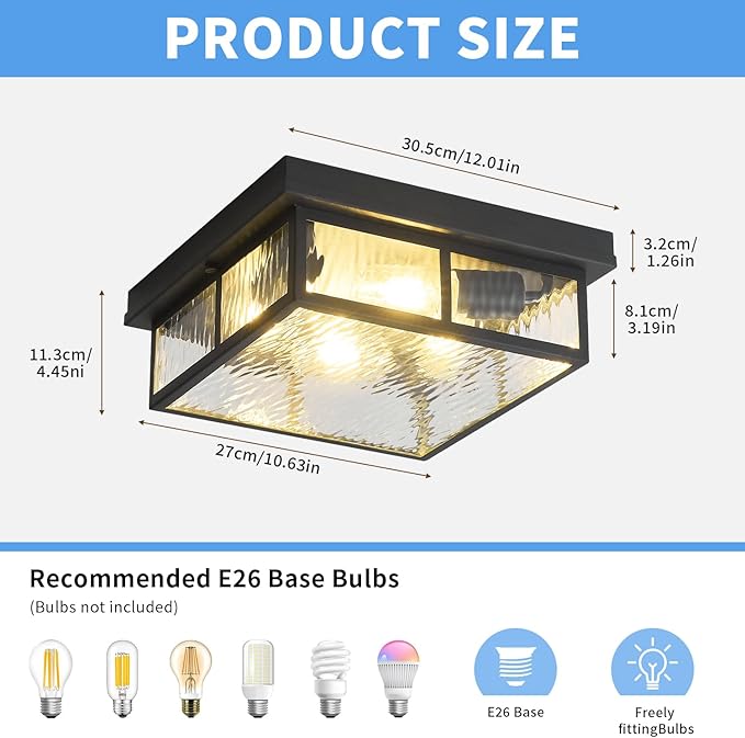 Farmhouse Flush Mount Ceiling Lights Fixtures with Water Ripples Glass Shade,Modern Matte Black Metal Square Ceiling Lamp for Bedroom,Kitchen,Porch,Entryway and Hallway,12 inch,4-Light