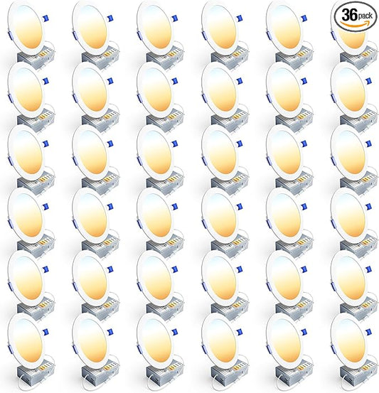 Ensenior 36 Pack 6 Inch LED Recessed Light, Dimmable, 2700K-5000K 5CCT, 1200LM High Brightness, 12W 120V, Damp Rated, Ultra-Thin Canless Wafer Ceiling Light - ETL & FCC & IC
