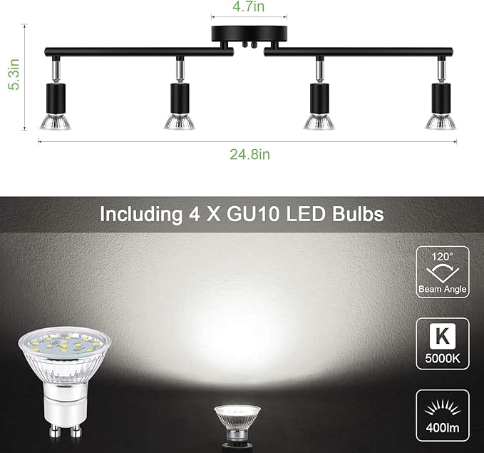 Unicozin LED 4 Light Track Lighting Kit, 24.8'' Black 4 Way Ceiling Spot Lighting, Flexibly Rotatable Head, Track Light Included 4 x LED GU10 Bulb (4W, Daylight White 5000K, 400LM)