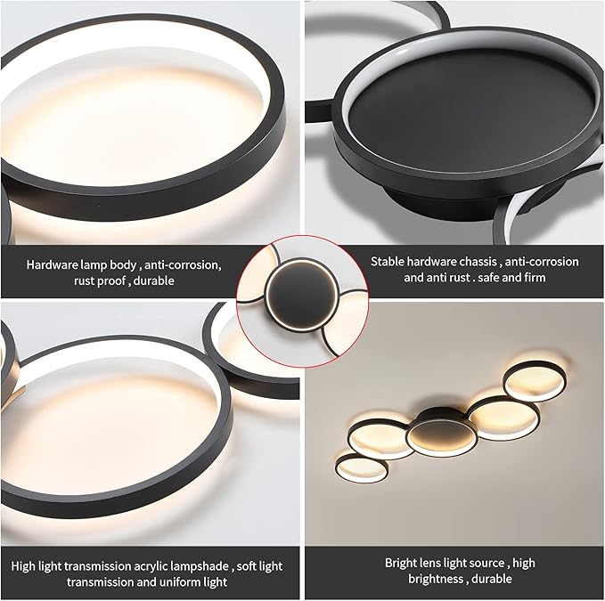 Modern LED Flush Mount Ceiling Light - 55w dimmable Ceiling Light Fixture, 5rings Ceiling lamp for Living Room,Bedroom,Dining Room,Office (Black)
