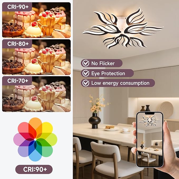 Becailyer 9-Petals Modren LED Ceiling Lights, 75W Dimmable Flower Shape Ceiling Lamp with Remote Control, 33.4" Flush Mount Ceiling Lighting Fixtures for Living Room Dining Room Bedroom Office, Black