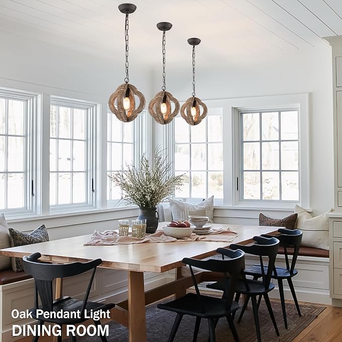 9.84" Modern Farmhouse Wood Pendant Lights Kitchen Island Small Orb Distressed Oak Pendant Light Rustic Ceiling Hanging Light for Kitchen Over Sink Hallway Entryway Foyer Adjustable Chain E26