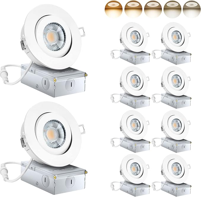 KnLnny Ware 4 Inch Led Recessed Lights 10 Pack, Ajustable Eyeball Gimbal Recessed Ceiling Light with Junction Box,5 CCT(2700K-6500K) Selectable,9W 750LM,Airtight, ETL Listed