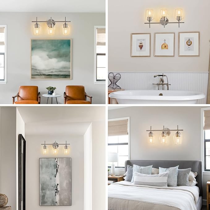 Bathroom Vanity Light Fixtures, 3-Lights Over Mirror Modern Vanity Lighting with Clear Wine Glass Shade Wall Lamp for Bedroom Hallway Living Room (Nickel, 3-Light)