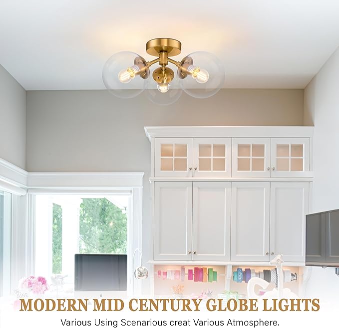 3-Light Modern Gold Semi Flush Mount Ceiling Lights Clear Glass Globe Ceiling Lights Mid Century Brass Chandelier Modern Sputnik Ceilings Light Fixture for Bedroom Hallway Entryway Living Room