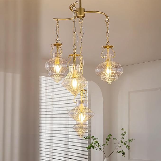 TOCHIC Modern Glass Pendant Light, 4 Light Gold Cluster Pendant Chandelier with Clear Ribbed Glass, Adjustable Hanging Light Fixture for Dining Room, Kitchen Island, Bedroom, Foyer