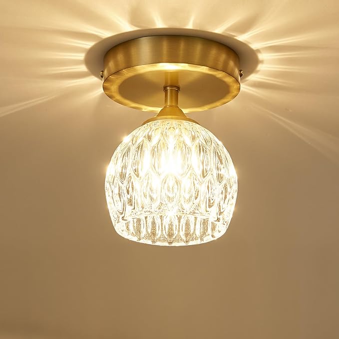 4.3'' Semi Flush Mount Ceiling Light, Light Luxury Ceiling Light Fixture, Clear Crystal Lampshade Vintage Hallway Lights Fixtures, Brass Base Flush Mount Ceilings Lights for Bedroom 【No Bulb Included】