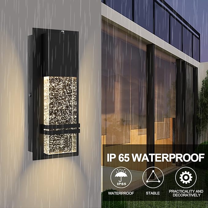 PARTPHONER LED Dusk to Dawn Outdoor Light Fixture Exterior Wall Sconces Porch Light 2 Pack Outside Wall Lights with Crystal Bubble Glass 12W Lumen 3000K for Doorway Garden Hallway Patio Living Room