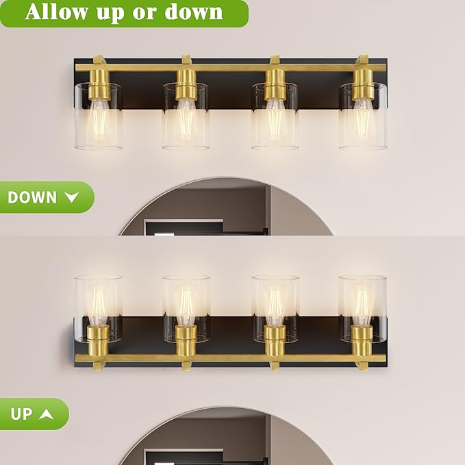 Espird Bathroom Vanity Light,4 Light Matte Black and Gold Light Fixture with Thickened Clear Glass Shade, 30 inch Modern Wall Sconce, Bathrooms Vanity Light Over Mirror for Bathroom