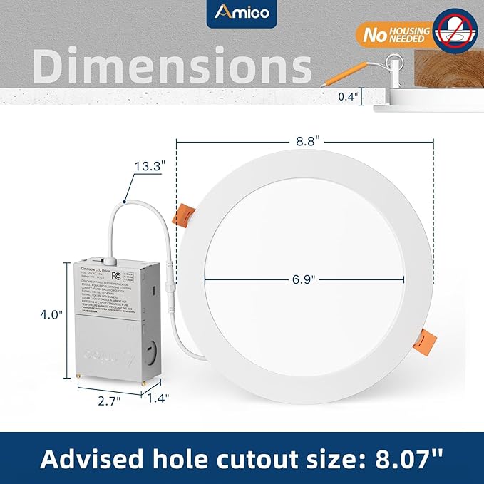 Amico 6 Pack 8 Inch 5CCT Ultra-Thin LED Recessed Ceiling Light with Junction Box, 2700K/3000K/3500K/4000K/5000K Selectable, 18W Eqv 125W 1600LM Brightness Dimmable Canless Wafer Downlight, ETL