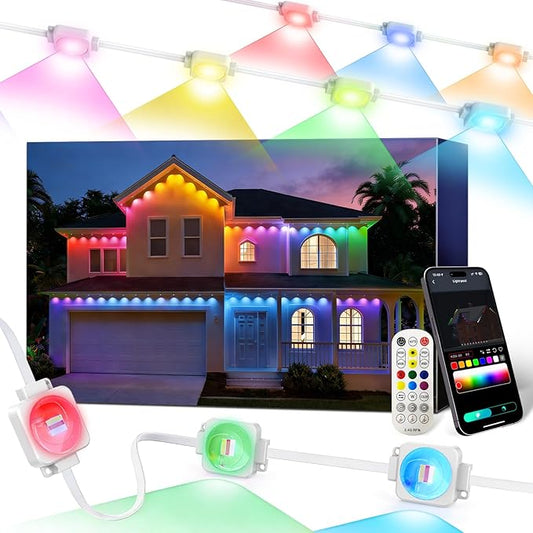 Super RGB Permanent Outdoor Lights 150FT, Smart RGB+IC Eave Lights with Remote APP Control, DIY LED Color Individual, White & Colorful Christmas String Light, IP67 Waterproof for House Outside Decor