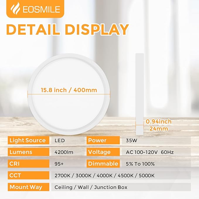 2Pack 15.8 Inch LED Flush Mount Ceiling Light, 35W, 120lm/W, 4200LM, CRI95+, 2700K-5000K 5CCT & Dimmable, White Round Flat Panel Light for Hallway, Kitchen, Bedroom, Laundry Room