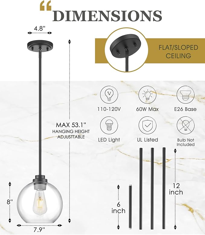 2 Pack Pendant Lights Kitchen Island, 8" Black Pendant Light Fixtures with Globe Clear Glass Shade, Modern Kitchen Island Lighting for Bathroom, AD-22280-2PL-BK
