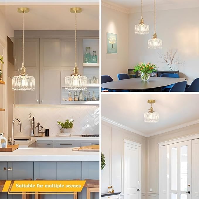 Glass Pendant Light 2 Pack Vintage Brass Hanging Lamp Farmhouse Rustic Industrial Gold Pendant Lighting Fixtures for Kitchen Island Dining Room Hallway