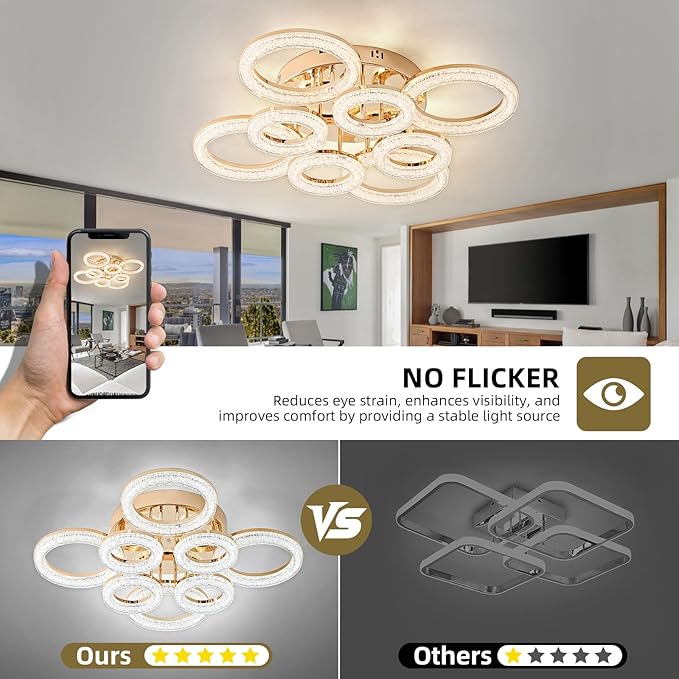OKELI Modern Ceiling Light, 8 Rings 26.8'' Dimmable LED 106W Flush Mount Ceiling Lights with Remote Acrylic Crystal Round Ceiling Light Fixture, Bedroom Living Room Dining Room, Gold
