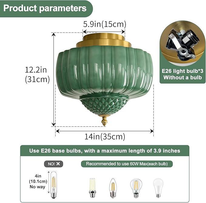 Vintage Ceiling Light Fixture 14 inch Semi Flush Mount Ceiling Light Mid Century Modern Green Glass Ceiling Lamp for Bedroom Kitchen Restaurant Hallway Schoolhouse