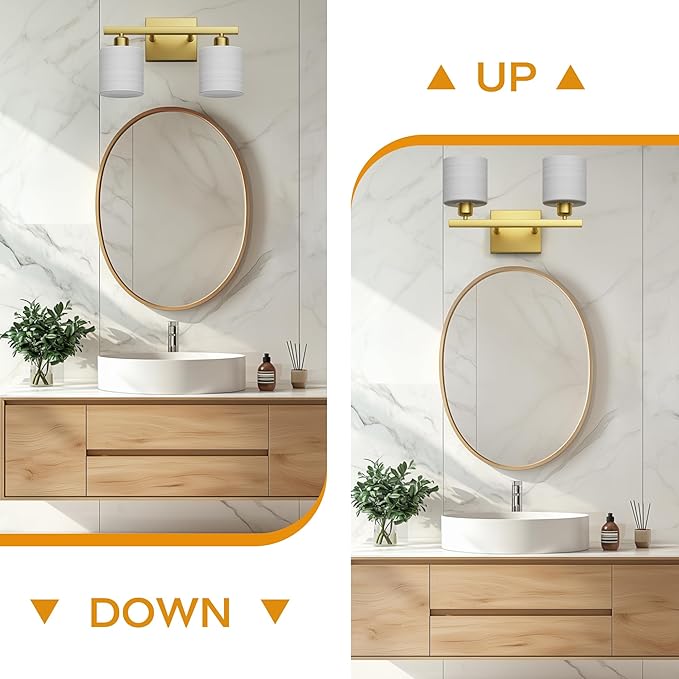 PARTPHONER Bathroom Light Fixtures, Bathroom Lighting Fixtures Over Mirror, Interior Classic Vanity Lights, Modern Vanity Light with Textured White Glass Shade, Brushed Gold, 2-Light