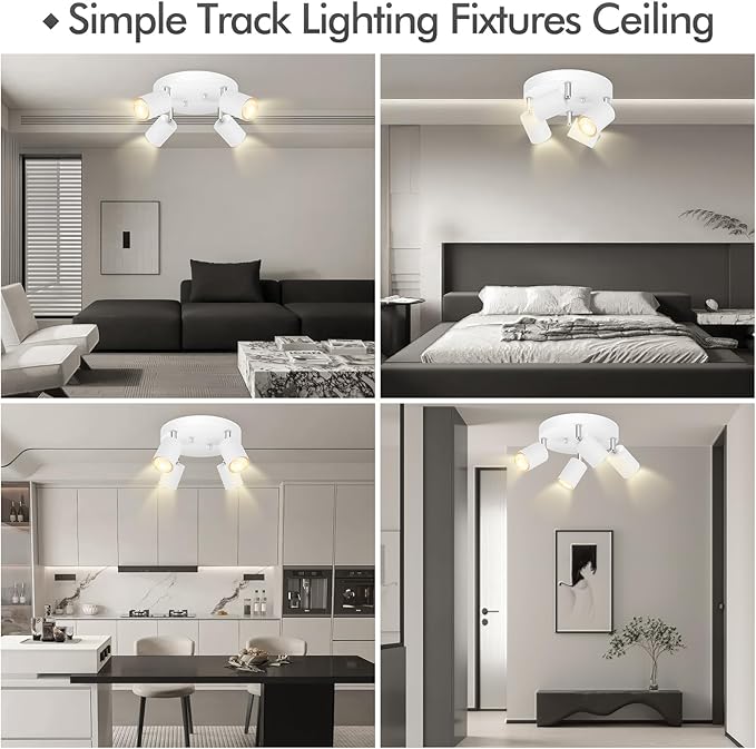 4 Light Track Lighting Fixtures Ceiling, Matte White Round Directional Ceiling Spotlight, GU10 Flush Mount Track Fixture, Adjustable Modern LED Track Lights for Kitchen/Living Room, Bulb Not Included