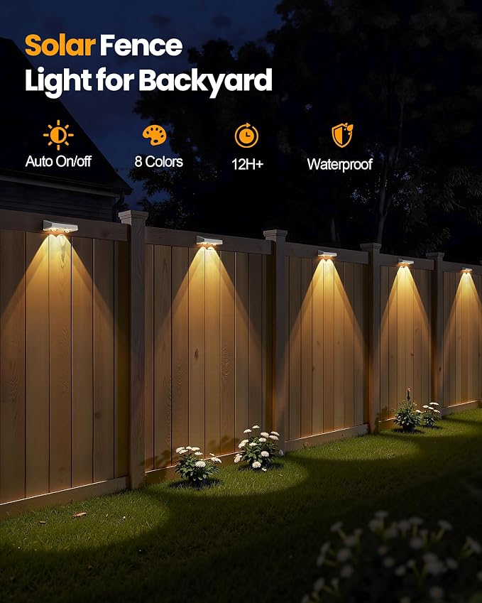 Bridika Solar Fence Lights Outdoor Waterproof, 12 Pack Solar Powered Deck Lights with Bright Lens LED, Warm White, Cool White and RGB Color Glow, Solar Light for Backyard, Wall, Patio & Garden