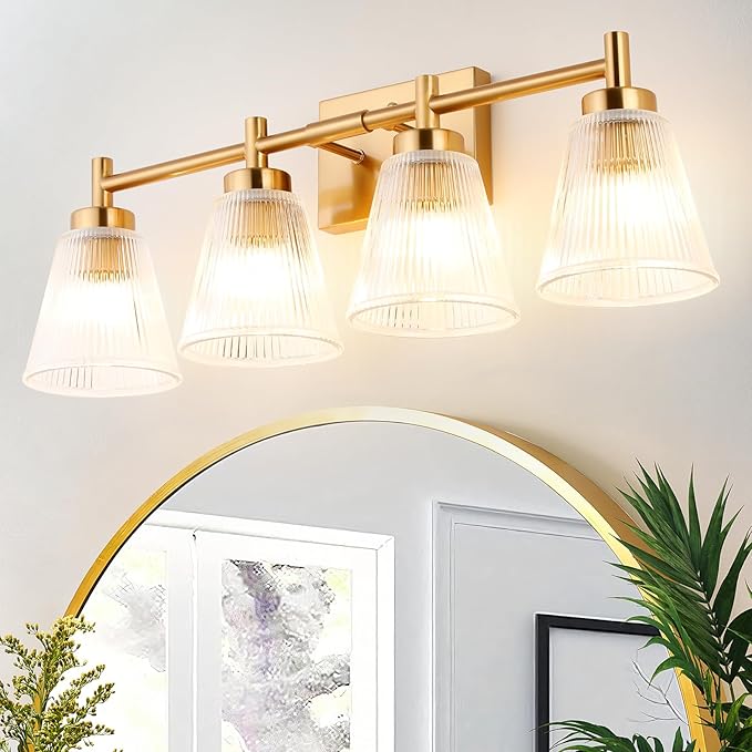 OCIOC 4-Light Bathroom Vanity Light, Burshed Gold Bathroom Light With Stripe Glass Shade, Makeup Light over Mirror, Wall Mounted Sconces for Living room, Kitchen, Hallway