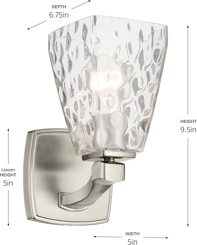Kichler Marant 5" 1-Light Wall Sconce Bathroom Light Fixture with Clear Water Glass in Brushed Nickel for Bathroom, Powder Room, Hallway (5" W x 9.5" H), 55214NIWTR